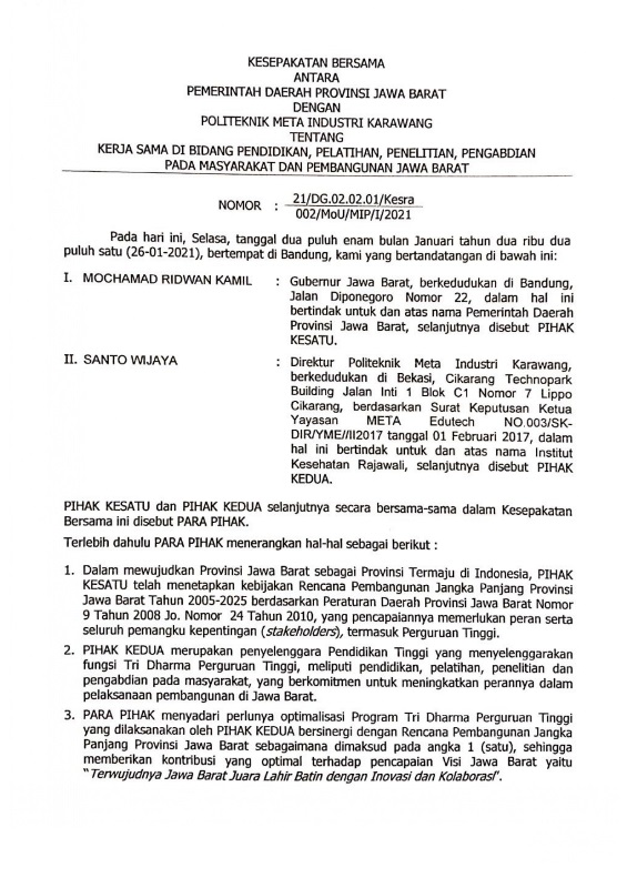 Kesepakatan Bersama Antara Politeknik META Industri dengan Pemerintah Daerah Provinsi Jawa Barat