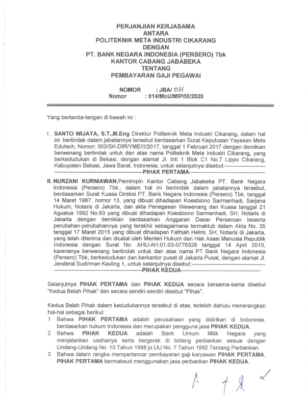 Perjanjian Kerjasama Antara Politeknik META Industri Cikarang dengan PT Bank Negara Indonesia (Persero) Tbk Kantor Cabang Jababeka